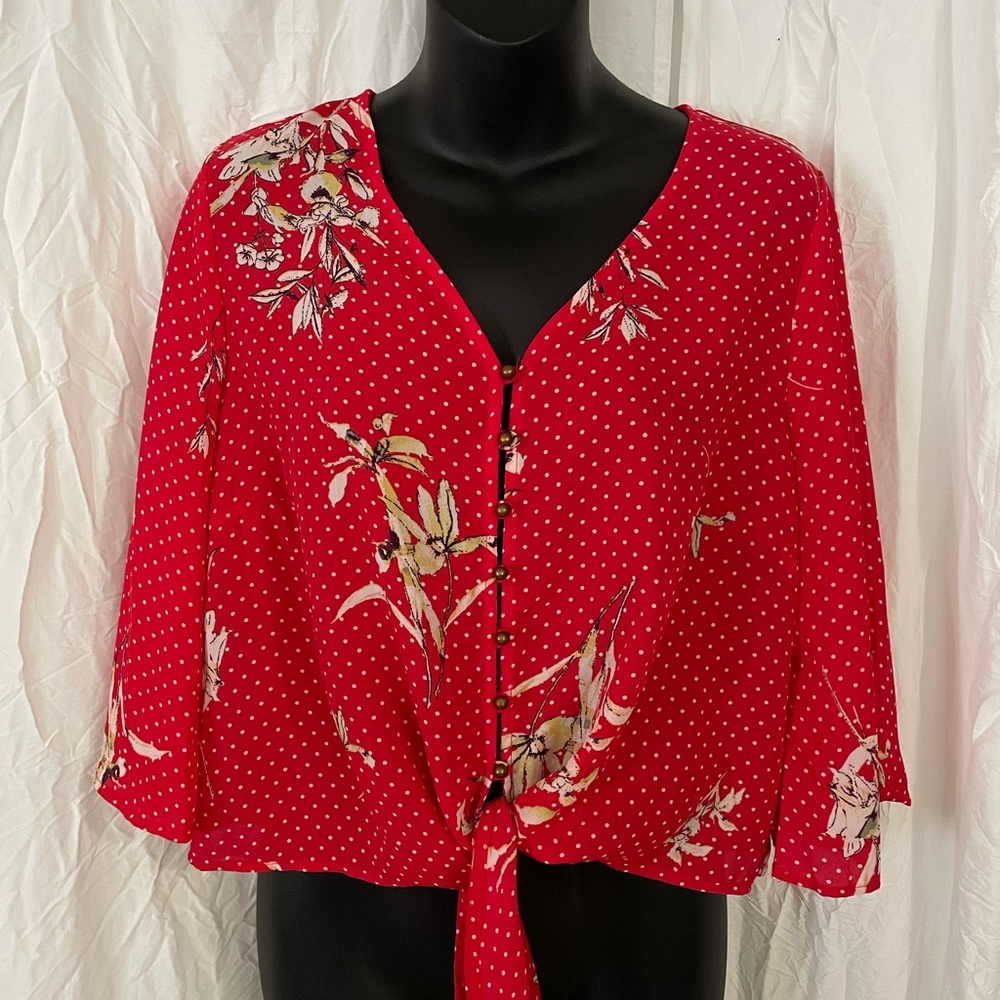 Ocean Romantics Women’s Tie Waist Blouse‎ With Bell sleeves V neck Size Medium
